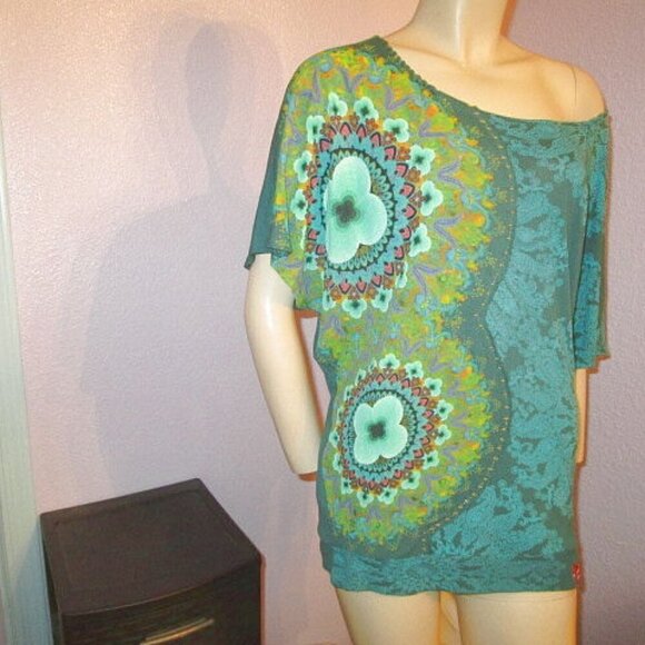 Desiqual STRETCH Jersey Size M BLOUSE Tunic Top METALLIC Floral DOLMAN Scoop - Picture 3 of 11